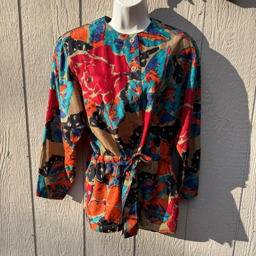 Vintage Rafaella Women’s 100% Silk Abstract Colorful Button-Up Blouse Pockets S - Picture 2 of 4